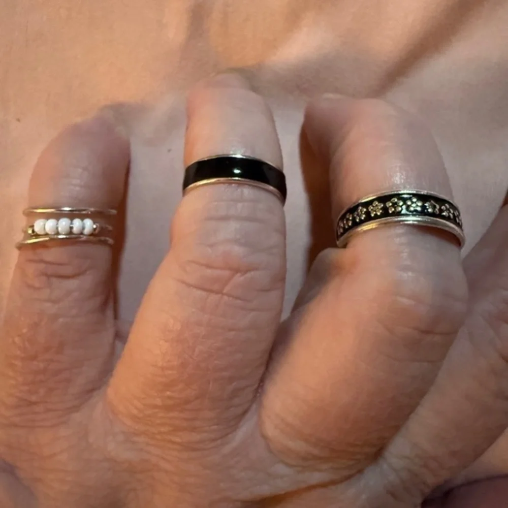 Set of 3 Silver, White Beads and Black Rings NWT